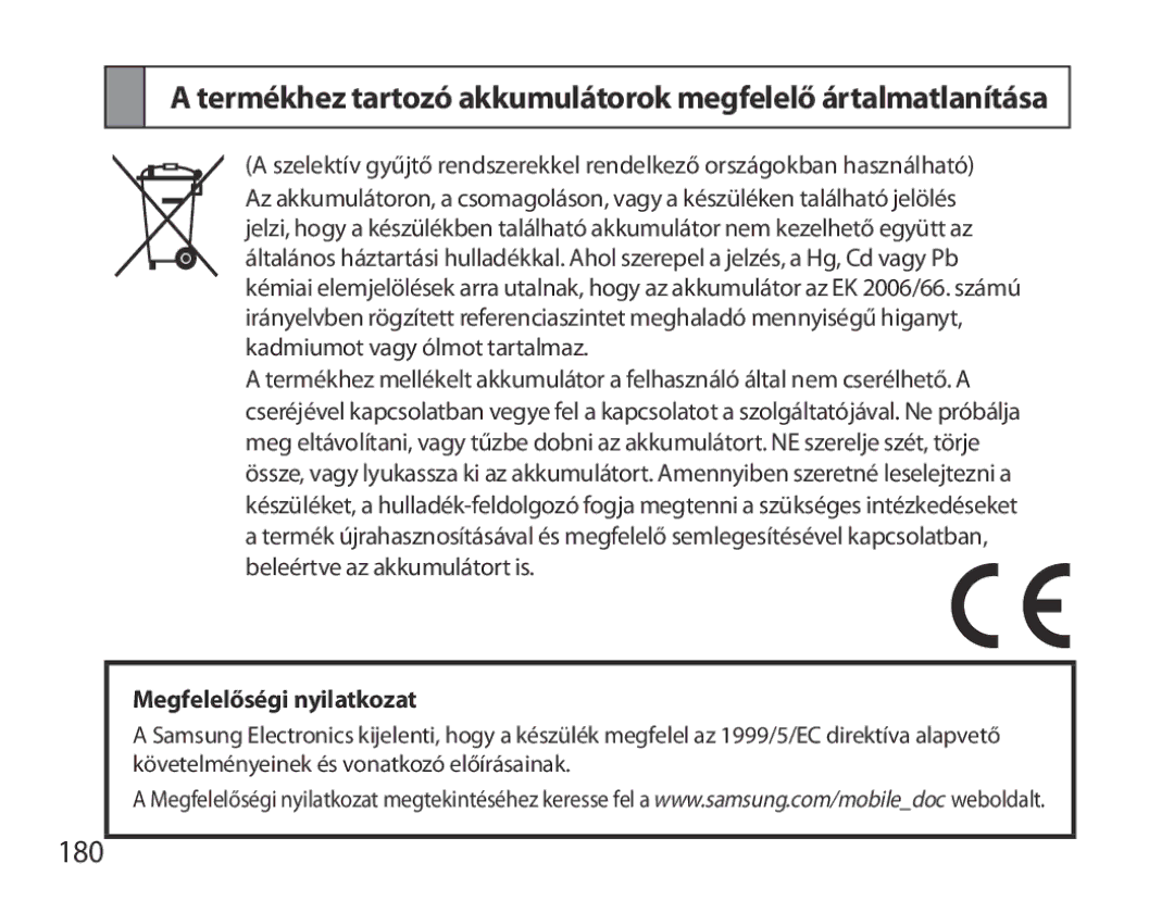 Samsung BHM6000EDECXEH manual Termékhez tartozó akkumulátorok megfelelő ártalmatlanítása, 180 