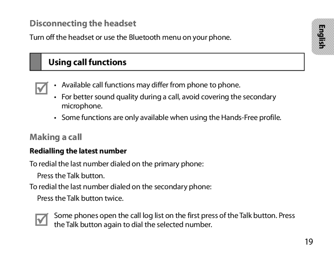 Samsung BHM6000EDECXEH manual Disconnecting the headset, Using call functions, Making a call, Redialling the latest number 