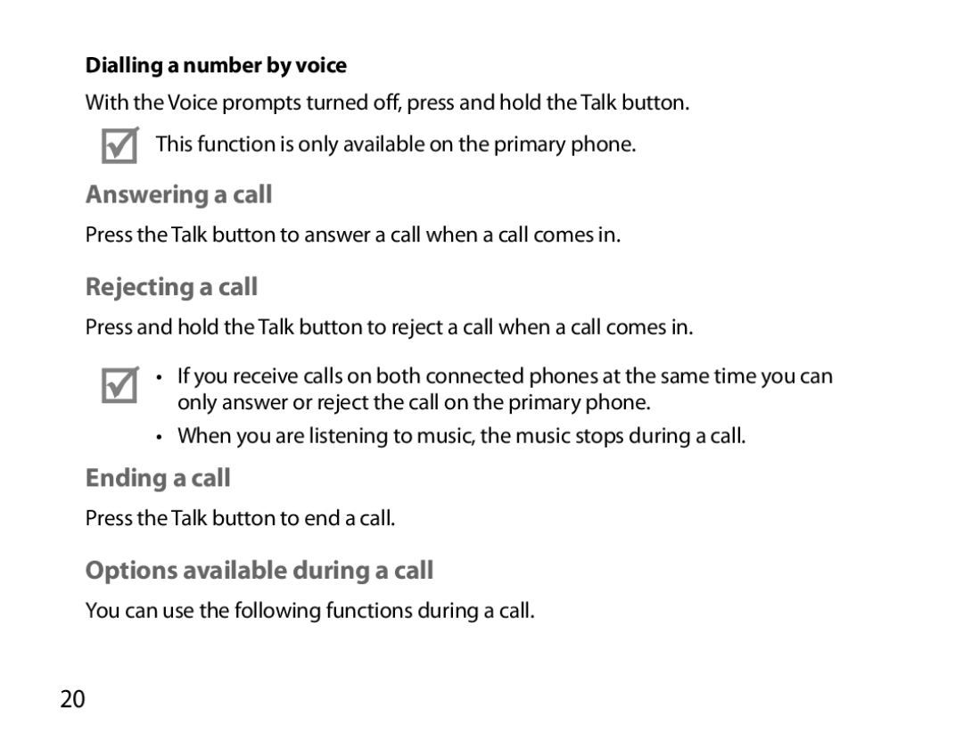 Samsung BHM6000EDECXEH manual Answering a call, Rejecting a call, Ending a call, Options available during a call 