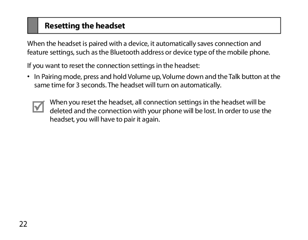 Samsung BHM6000EDECXEH manual Resetting the headset 