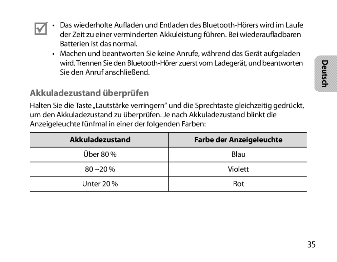 Samsung BHM6000EDECXEH manual Akkuladezustand überprüfen, Akkuladezustand Farbe der Anzeigeleuchte 