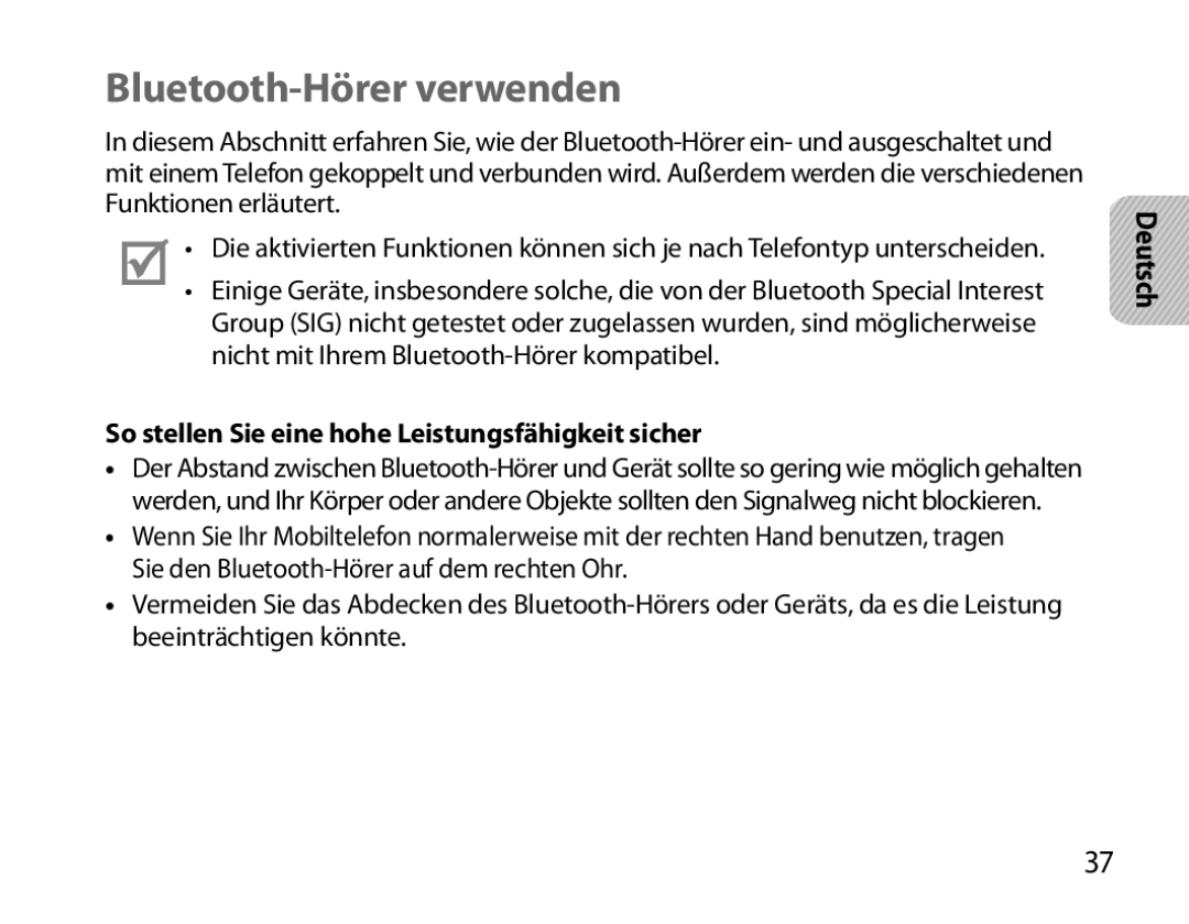 Samsung BHM6000EDECXEH manual Bluetooth-Hörer verwenden, So stellen Sie eine hohe Leistungsfähigkeit sicher 