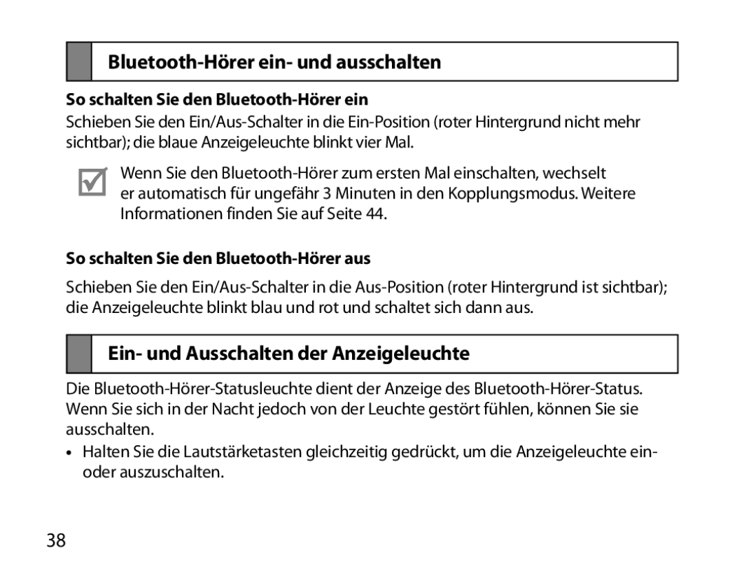 Samsung BHM6000EDECXEH manual Bluetooth-Hörer ein- und ausschalten, Ein- und Ausschalten der Anzeigeleuchte 