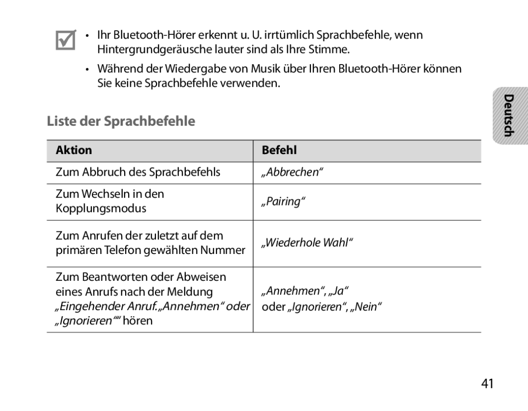 Samsung BHM6000EDECXEH manual Liste der Sprachbefehle, Aktion Befehl 