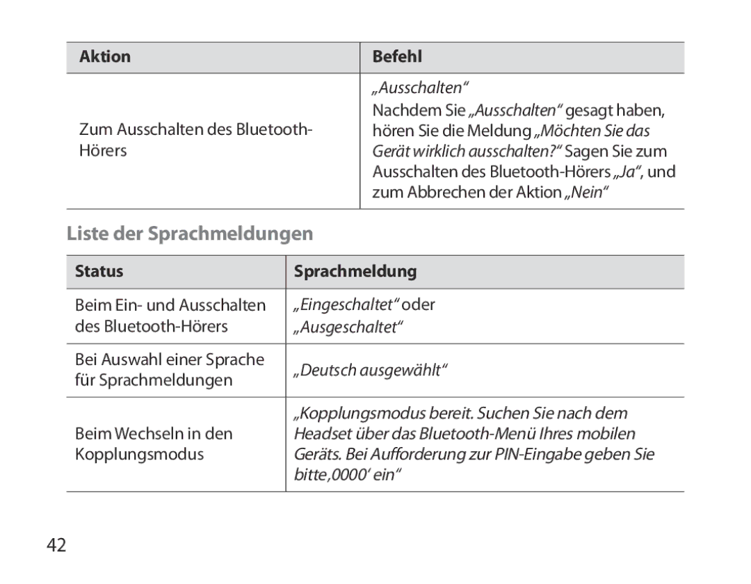 Samsung BHM6000EDECXEH manual Liste der Sprachmeldungen, Status Sprachmeldung 