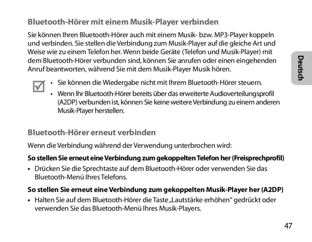 Samsung BHM6000EDECXEH manual Bluetooth-Hörer mit einem Musik-Player verbinden, Bluetooth-Hörer erneut verbinden 
