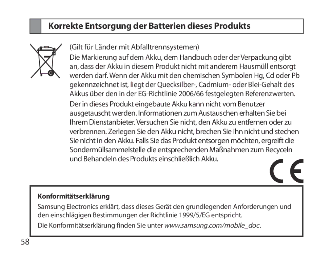 Samsung BHM6000EDECXEH manual Korrekte Entsorgung der Batterien dieses Produkts, Konformitätserklärung 