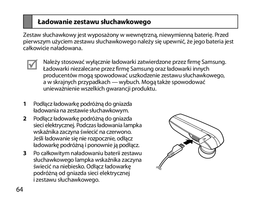 Samsung BHM6000EDECXEH manual Ładowanie zestawu słuchawkowego 