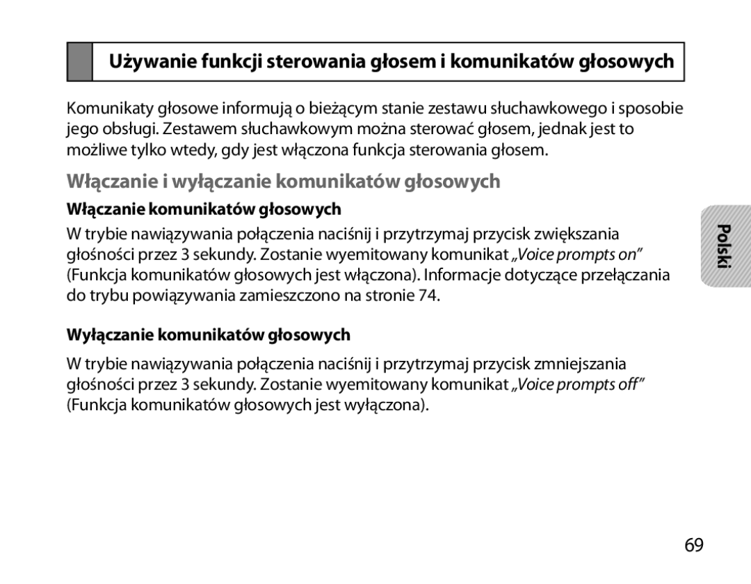 Samsung BHM6000EDECXEH manual Włączanie i wyłączanie komunikatów głosowych, Włączanie komunikatów głosowych 