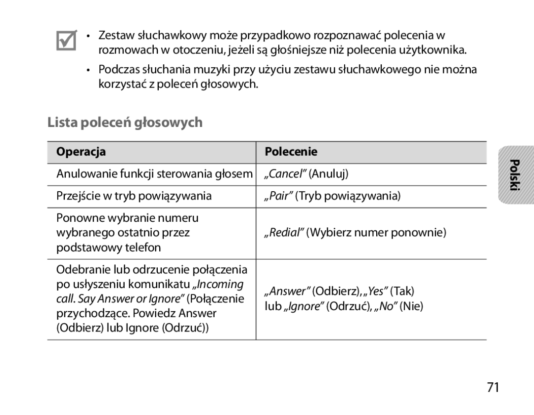 Samsung BHM6000EDECXEH manual Lista poleceń głosowych, Operacja Polecenie 