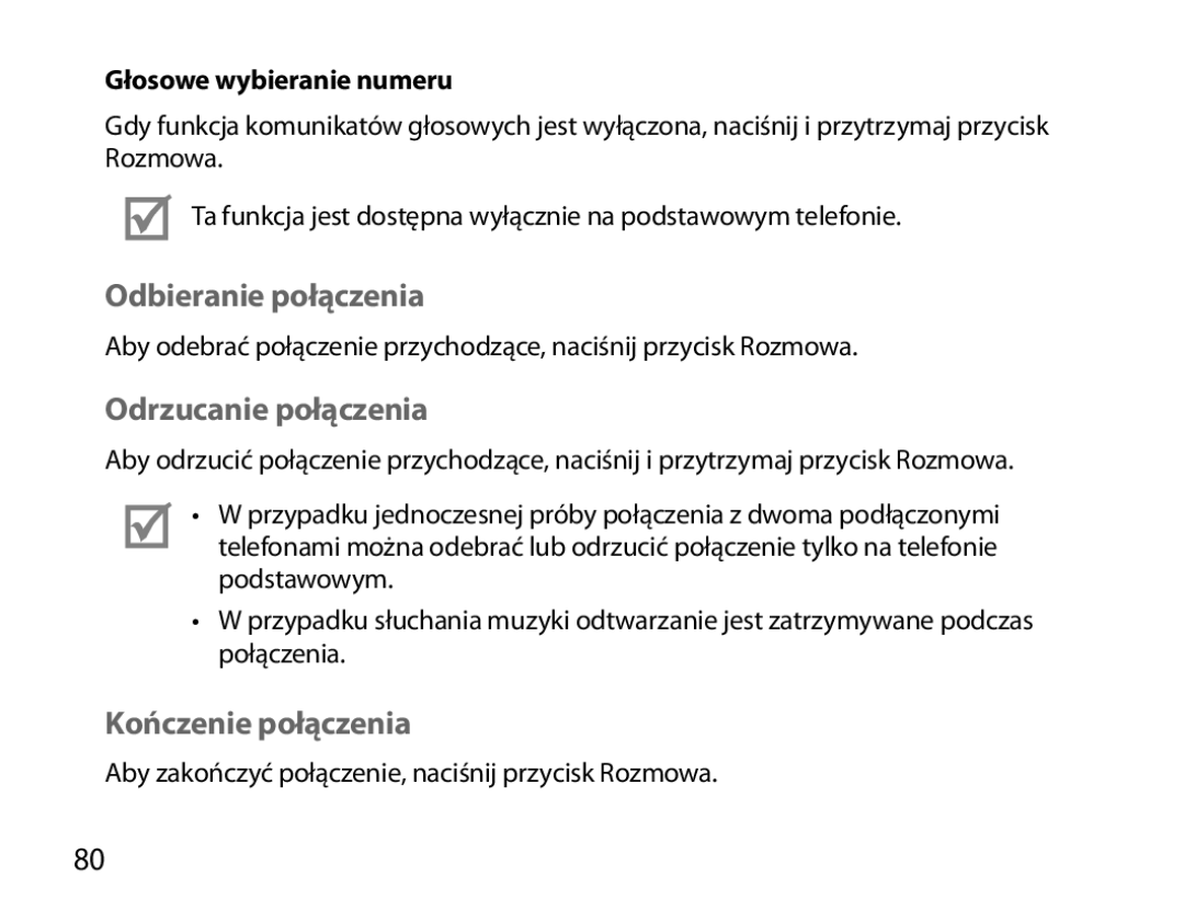 Samsung BHM6000EDECXEH manual Odbieranie połączenia, Odrzucanie połączenia, Kończenie połączenia, Głosowe wybieranie numeru 