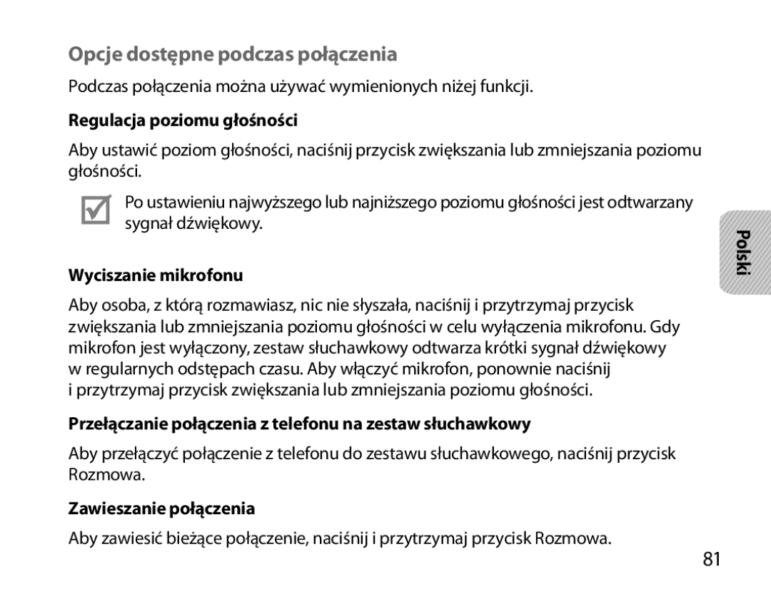 Samsung BHM6000EDECXEH manual Opcje dostępne podczas połączenia, Regulacja poziomu głośności, Wyciszanie mikrofonu 