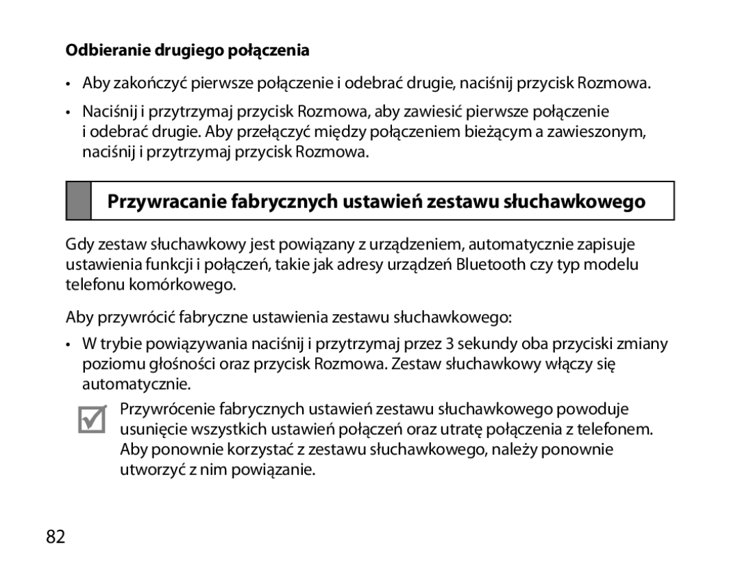 Samsung BHM6000EDECXEH manual Przywracanie fabrycznych ustawień zestawu słuchawkowego, Odbieranie drugiego połączenia 