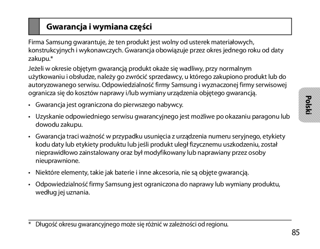 Samsung BHM6000EDECXEH manual Gwarancja i wymiana części 