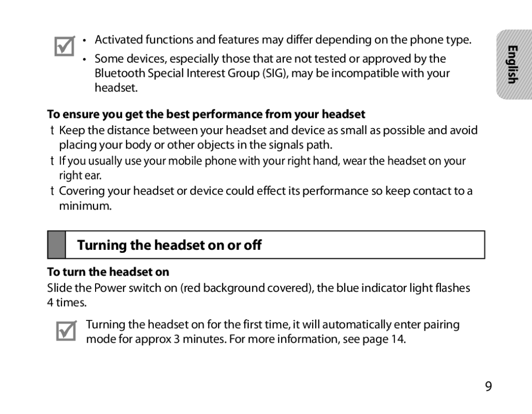 Samsung BHM6000EDECXEH manual Turning the headset on or off, To ensure you get the best performance from your headset 