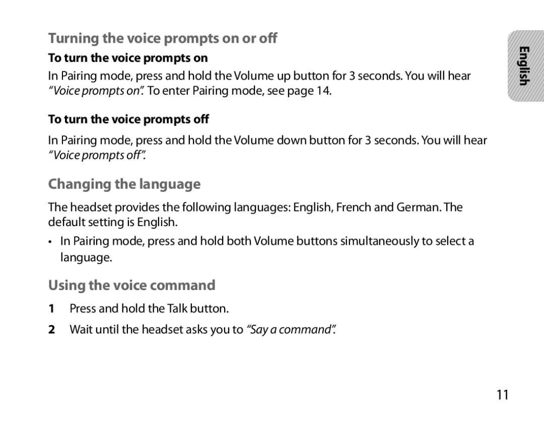 Samsung BHM6000EDECXEH manual Turning the voice prompts on or off, Changing the language, Using the voice command 