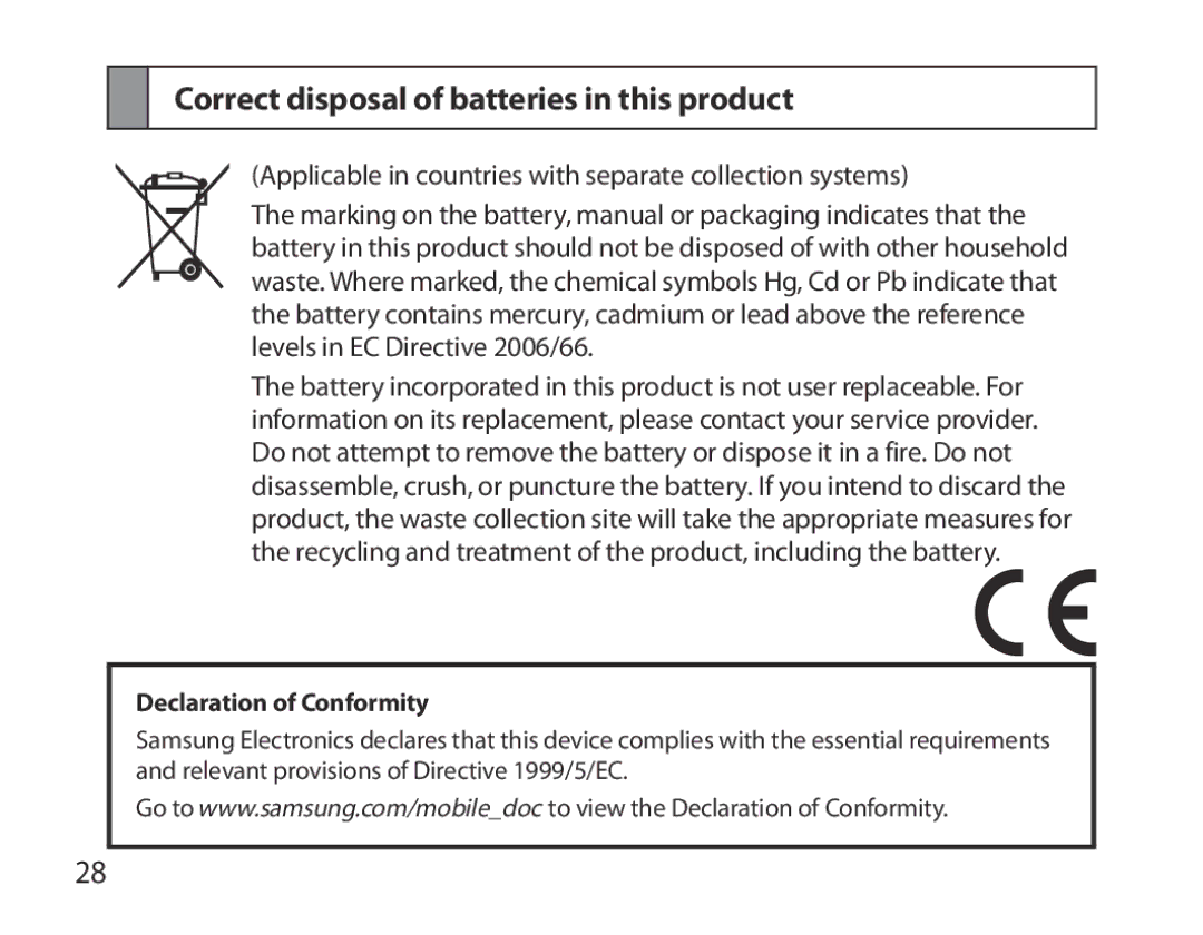 Samsung BHM6000EDECXEH manual Correct disposal of batteries in this product, Declaration of Conformity 