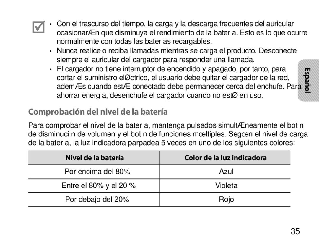 Samsung BHM6000EDECXEH manual Comprobación del nivel de la batería, Nivel de la batería Color de la luz indicadora 