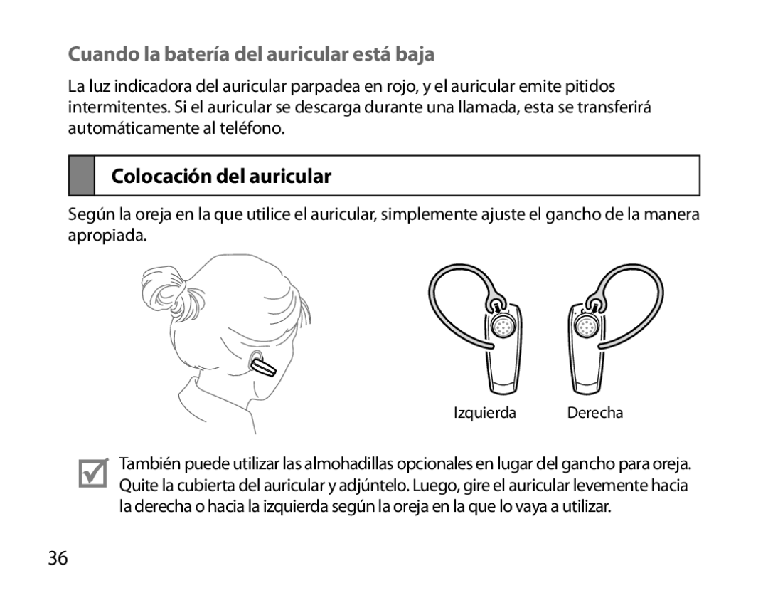 Samsung BHM6000EDECXEH manual Cuando la batería del auricular está baja, Colocación del auricular 