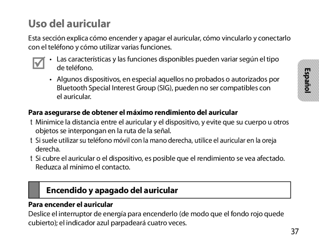 Samsung BHM6000EDECXEH manual Uso del auricular, Encendido y apagado del auricular, Para encender el auricular 