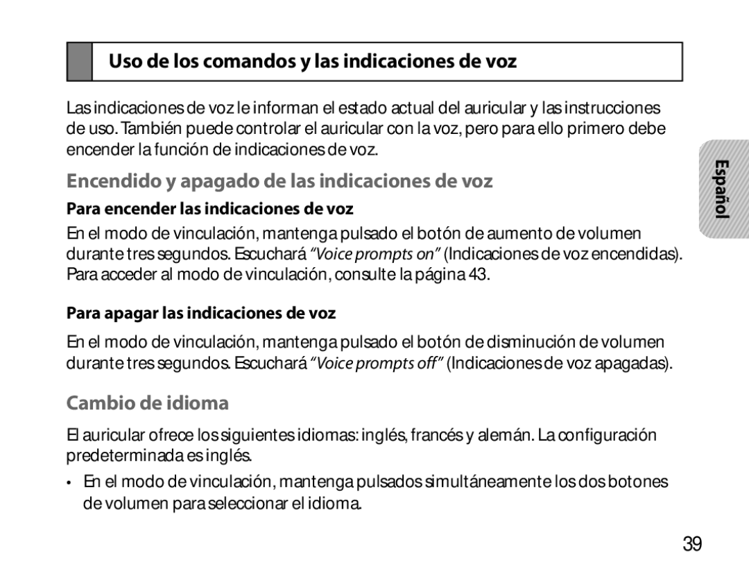 Samsung BHM6000EDECXEH manual Uso de los comandos y las indicaciones de voz, Encendido y apagado de las indicaciones de voz 