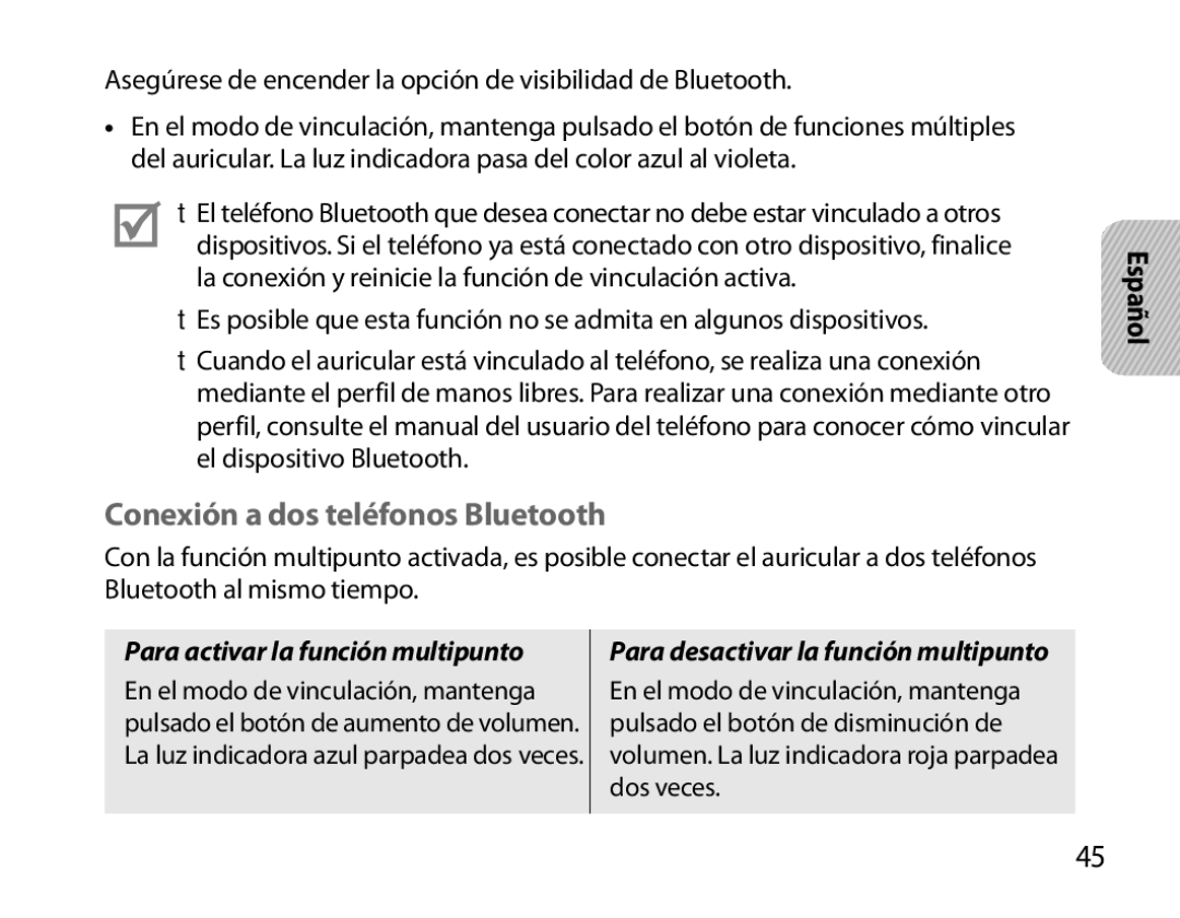 Samsung BHM6000EDECXEH manual Conexión a dos teléfonos Bluetooth, Para activar la función multipunto 