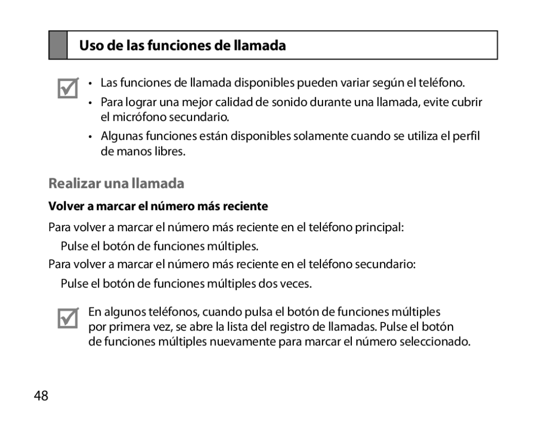 Samsung BHM6000EDECXEH manual Uso de las funciones de llamada, Realizar una llamada, Volver a marcar el número más reciente 