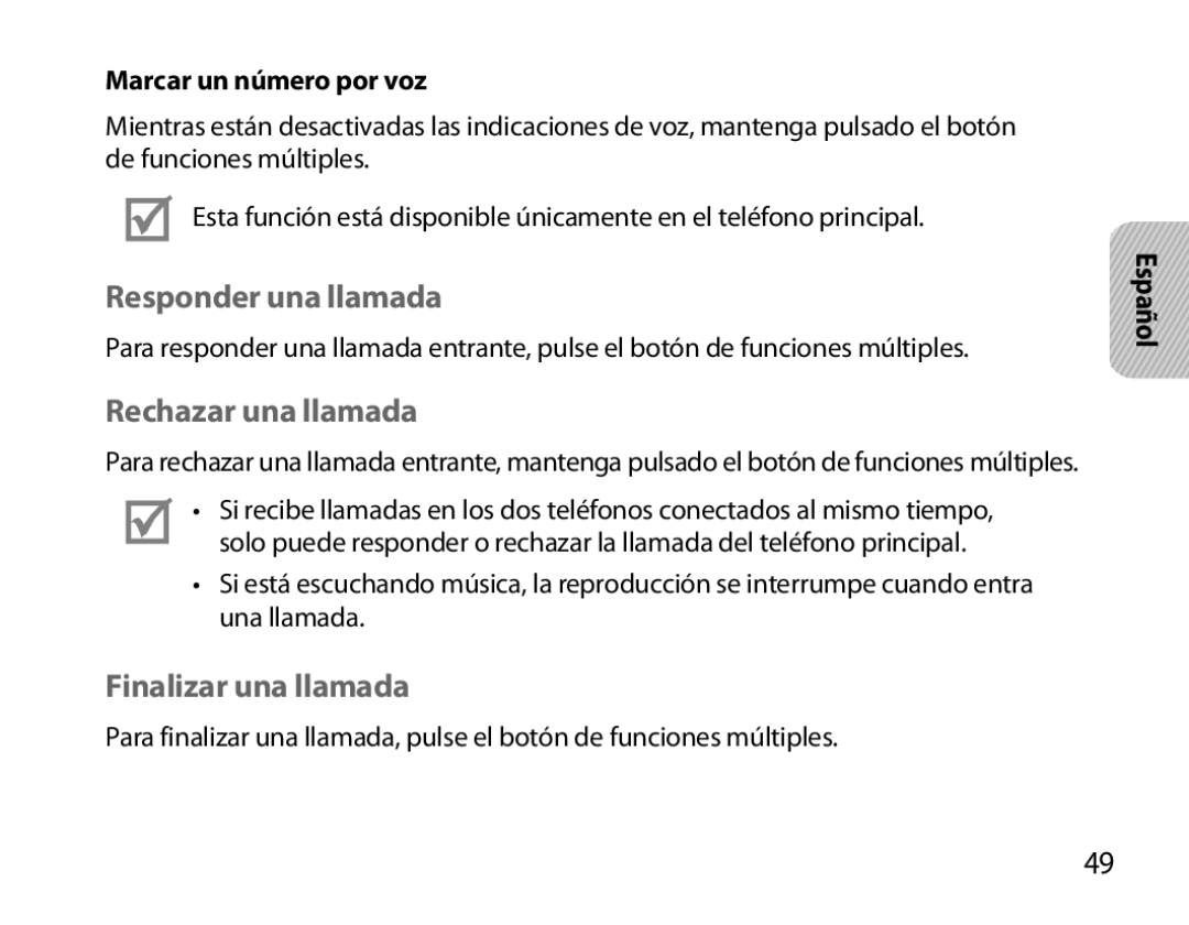 Samsung BHM6000EDECXEH manual Responder una llamada, Rechazar una llamada, Finalizar una llamada, Marcar un número por voz 