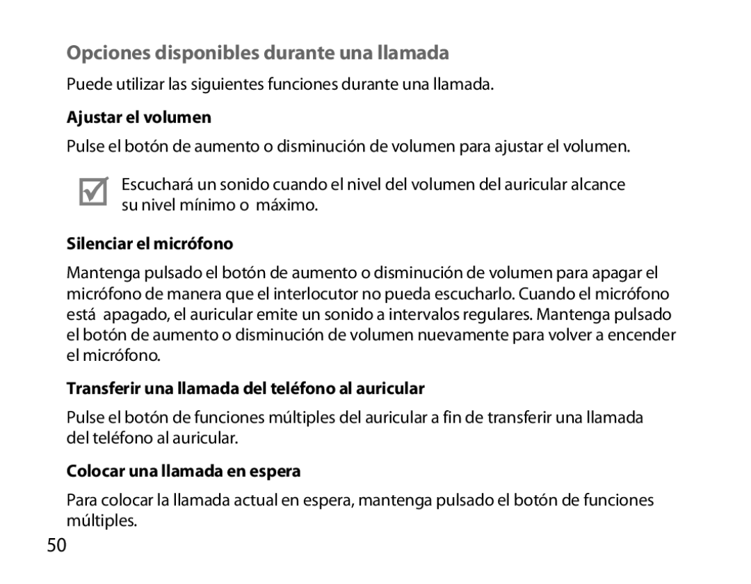 Samsung BHM6000EDECXEH manual Opciones disponibles durante una llamada, Ajustar el volumen, Silenciar el micrófono 