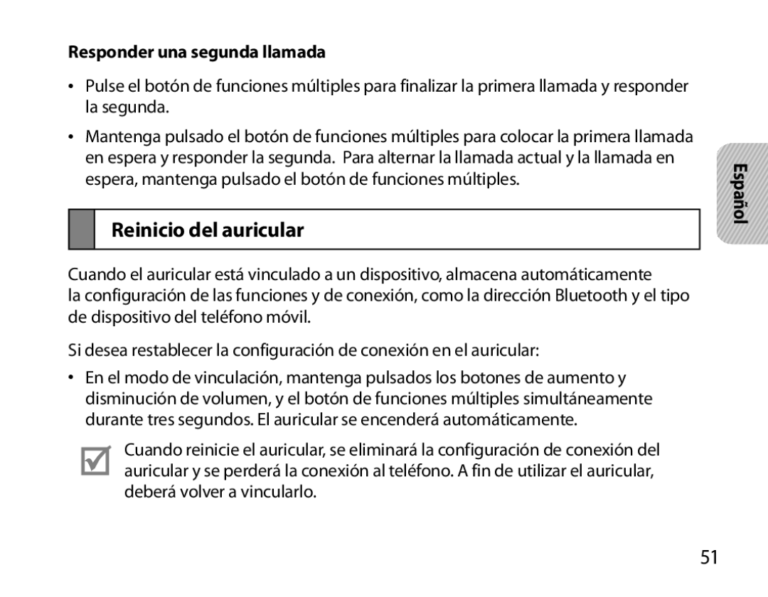 Samsung BHM6000EDECXEH manual Reinicio del auricular, Responder una segunda llamada 