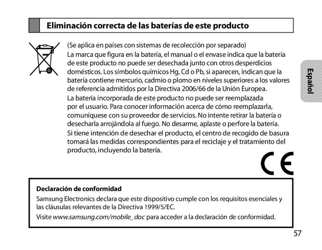 Samsung BHM6000EDECXEH manual Eliminación correcta de las baterías de este producto, Declaración de conformidad 