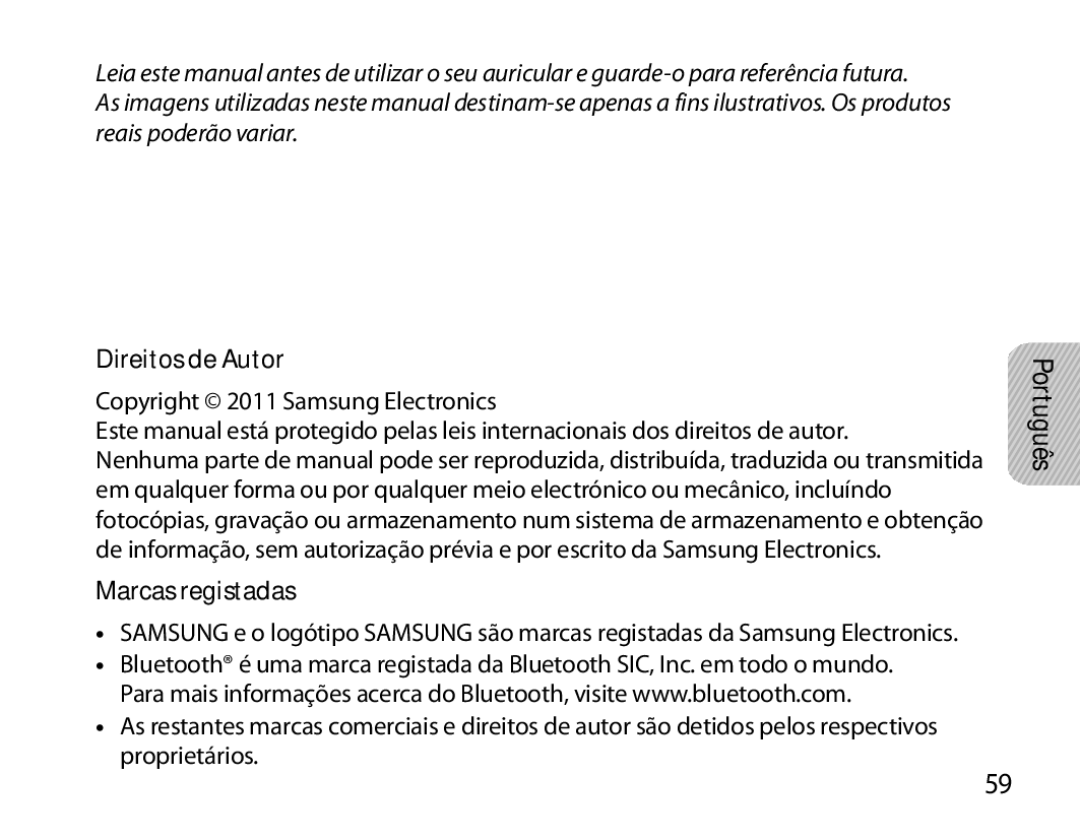 Samsung BHM6000EDECXEH manual Direitos de Autor, Marcas registadas, Português 