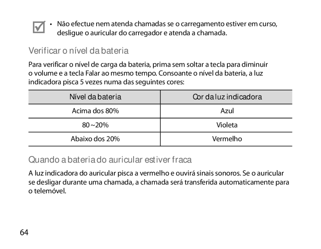 Samsung BHM6000EDECXEH manual Verificar o nível da bateria, Quando a bateria do auricular estiver fraca 