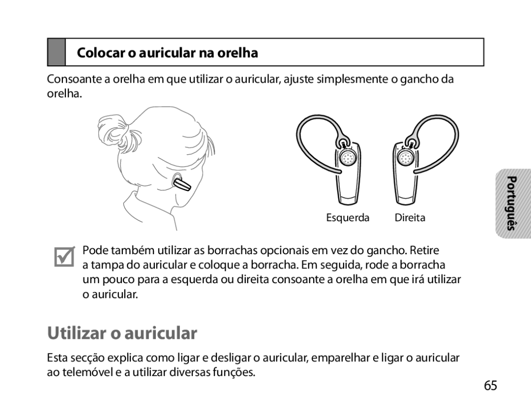 Samsung BHM6000EDECXEH manual Utilizar o auricular, Colocar o auricular na orelha 