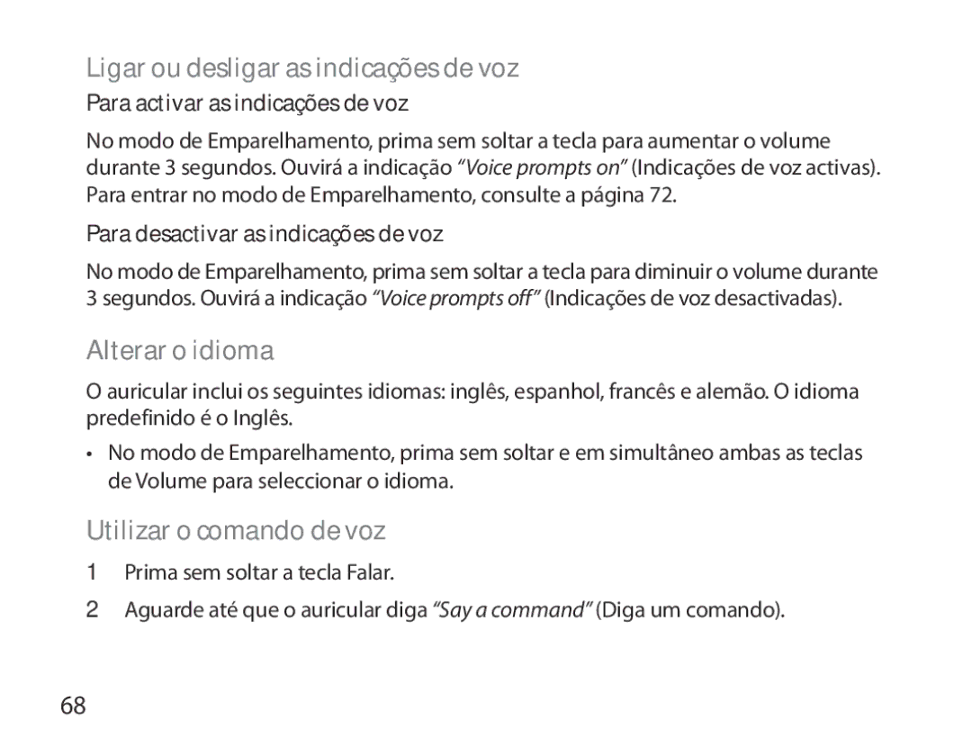 Samsung BHM6000EDECXEH manual Ligar ou desligar as indicações de voz, Alterar o idioma, Utilizar o comando de voz 