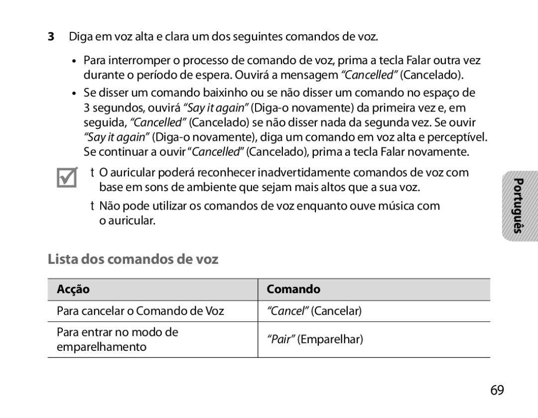 Samsung BHM6000EDECXEH manual Lista dos comandos de voz, Acção Comando 