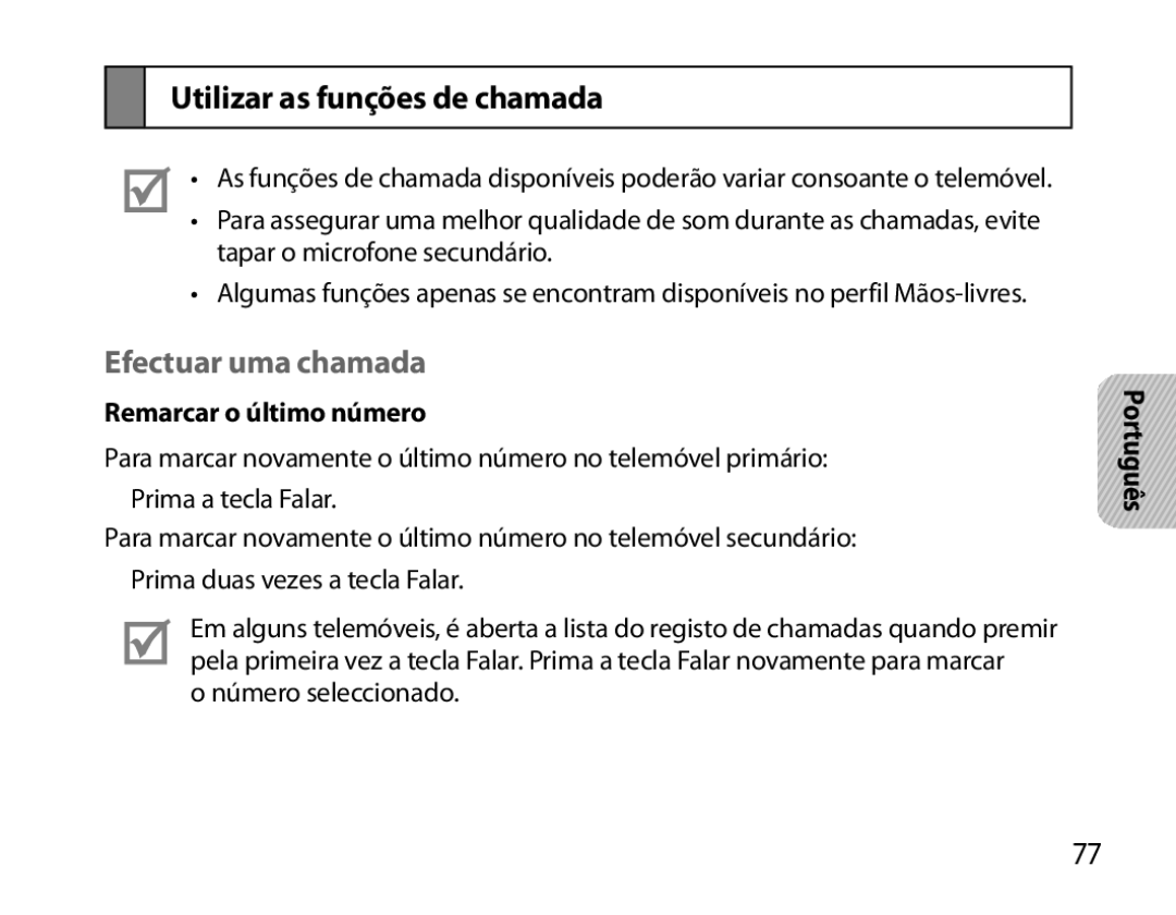 Samsung BHM6000EDECXEH manual Utilizar as funções de chamada, Efectuar uma chamada, Remarcar o último número 