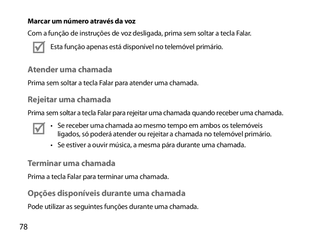 Samsung BHM6000EDECXEH Atender uma chamada, Rejeitar uma chamada, Terminar uma chamada, Marcar um número através da voz 