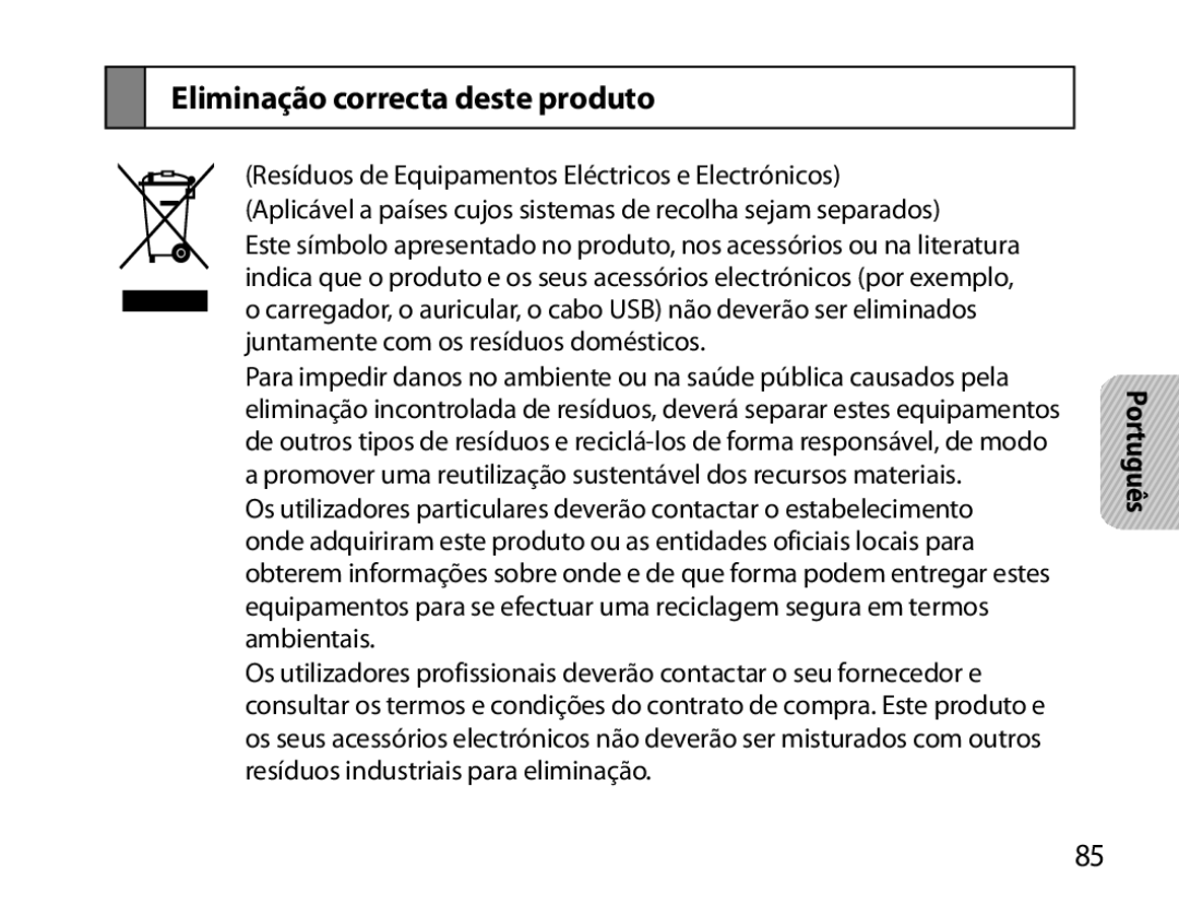 Samsung BHM6000EDECXEH manual Eliminação correcta deste produto 