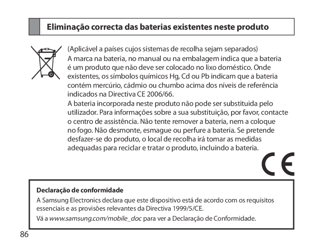 Samsung BHM6000EDECXEH manual Eliminação correcta das baterias existentes neste produto, Declaração de conformidade 