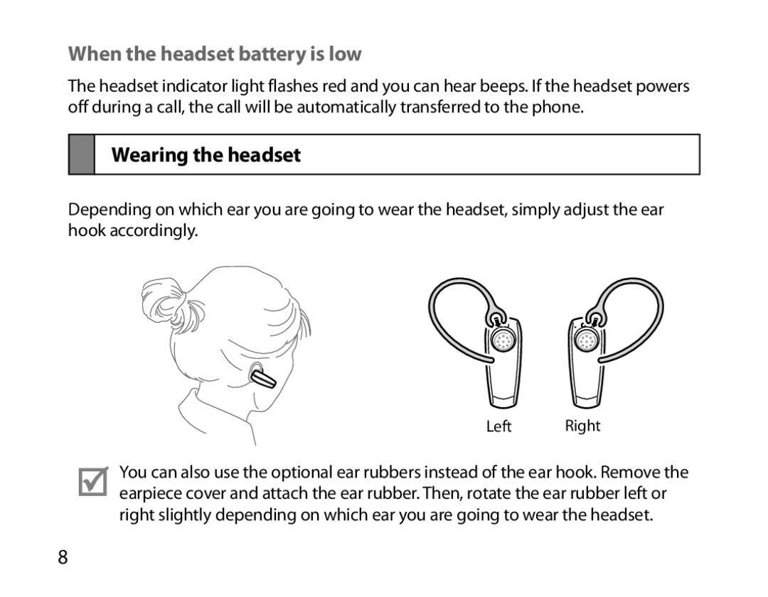 Samsung BHM6000EDECXEH manual When the headset battery is low, Wearing the headset 