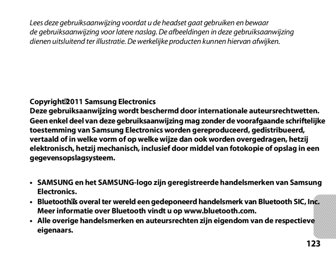 Samsung BHM6000EDECXEH manual 123, Auteursrecht, Handelsmerken 