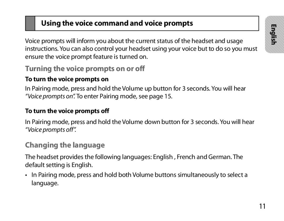 Samsung BHM6000EDECXEH manual Using the voice command and voice prompts, Turning the voice prompts on or off 