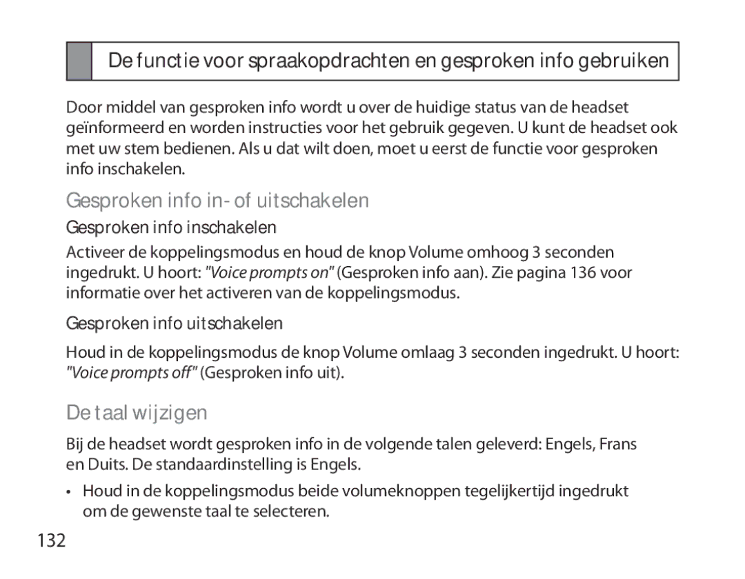 Samsung BHM6000EDECXEH manual Gesproken info in- of uitschakelen, De taal wijzigen, 132, Gesproken info inschakelen 