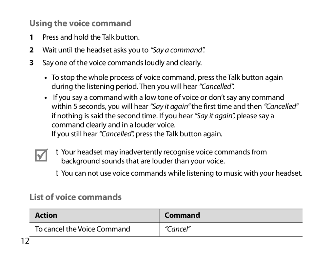 Samsung BHM6000EDECXEH manual Using the voice command, List of voice commands, Action Command To cancel the Voice Command 