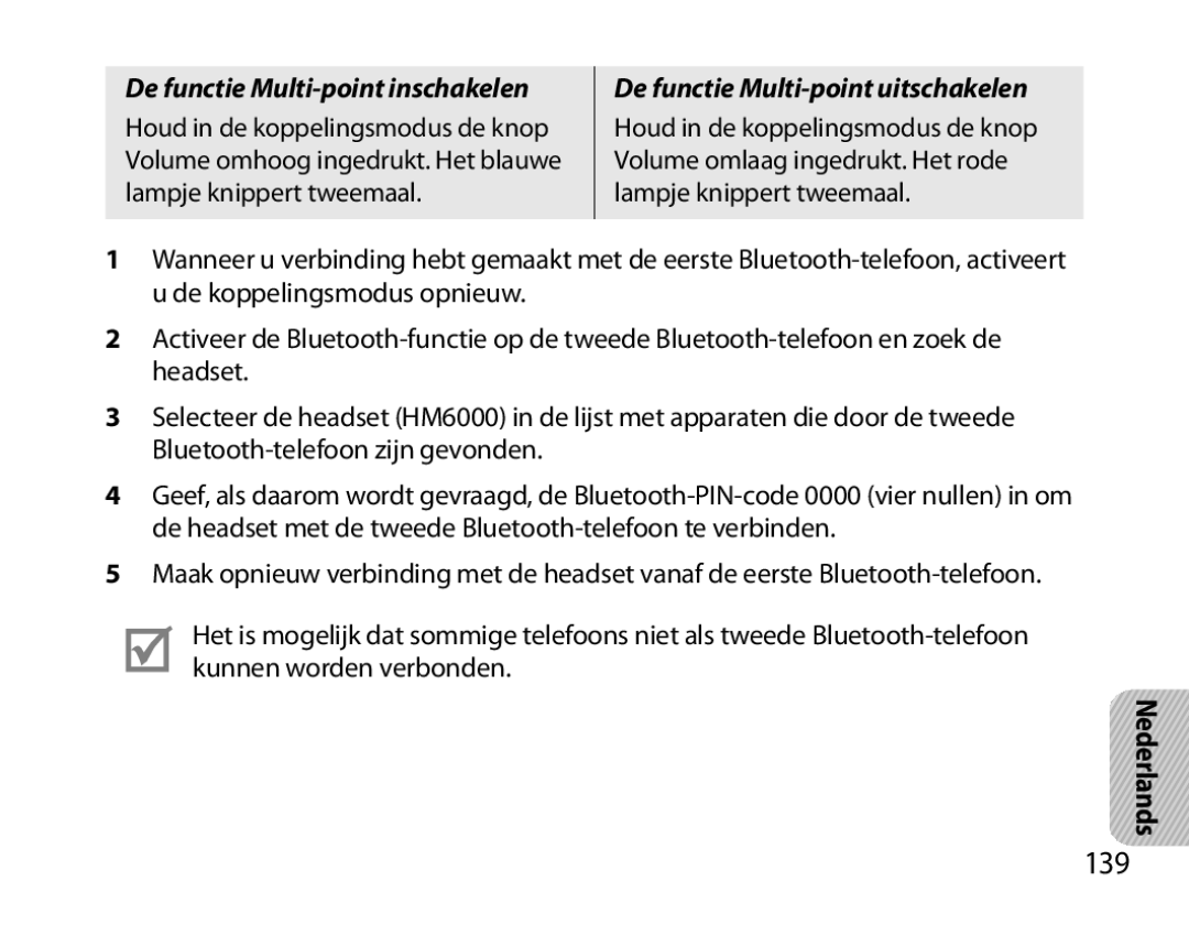 Samsung BHM6000EDECXEH manual 139, De functie Multi-point inschakelen 