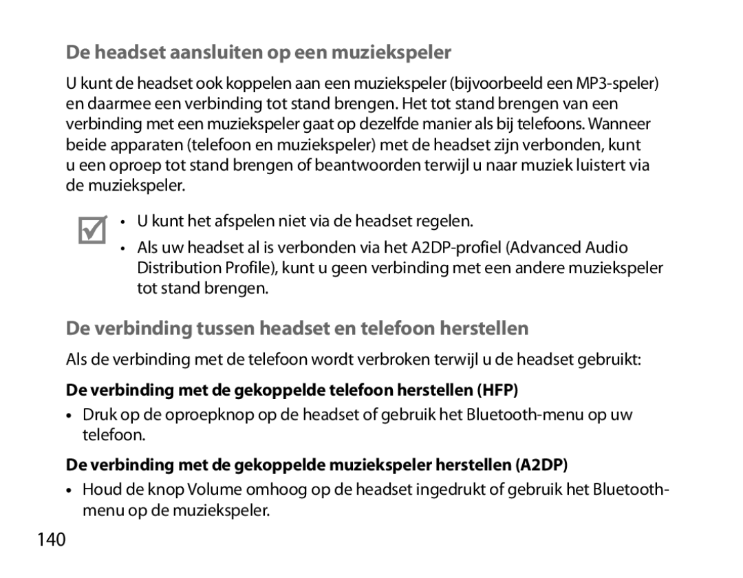 Samsung BHM6000EDECXEH De headset aansluiten op een muziekspeler, De verbinding tussen headset en telefoon herstellen, 140 