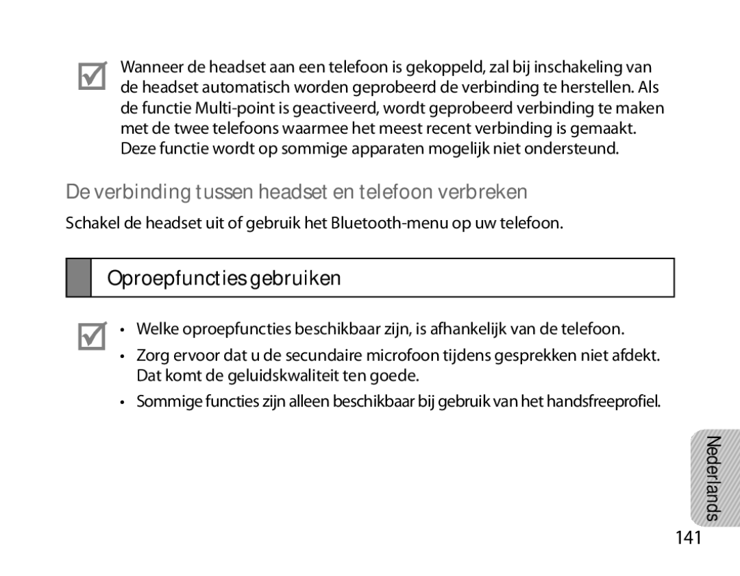 Samsung BHM6000EDECXEH manual De verbinding tussen headset en telefoon verbreken, Oproepfuncties gebruiken, 141 