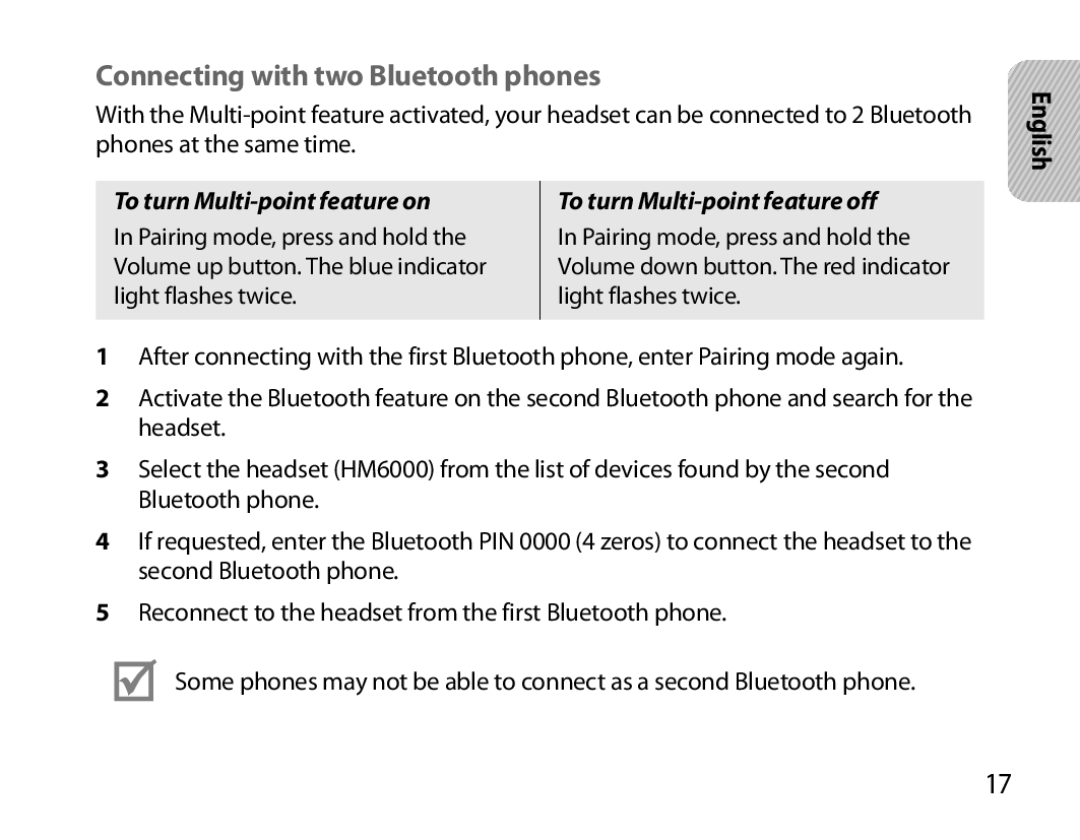 Samsung BHM6000EDECXEH manual Connecting with two Bluetooth phones, To turn Multi-point feature off 