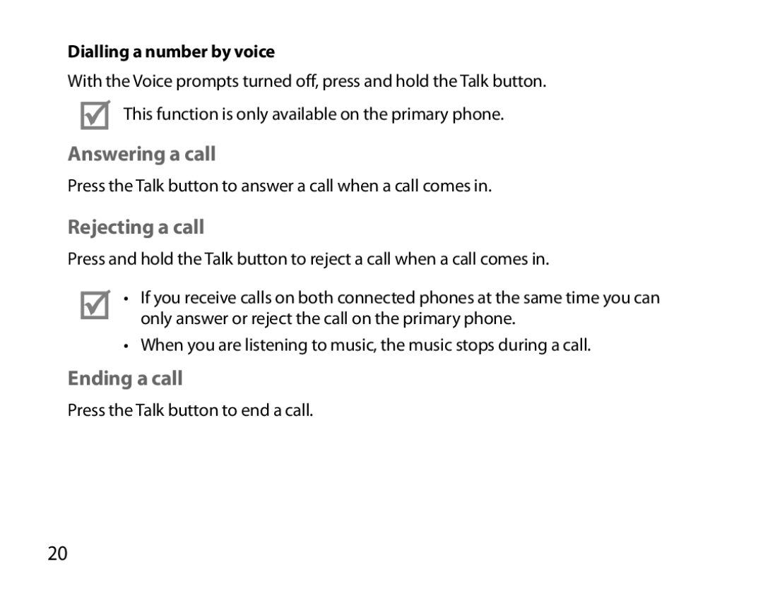 Samsung BHM6000EDECXEH manual Answering a call, Rejecting a call, Ending a call, Dialling a number by voice 